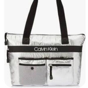 Calvin Klein Metallic Silver Tote Bag w/ Pockets & Black Details, NWT, $168